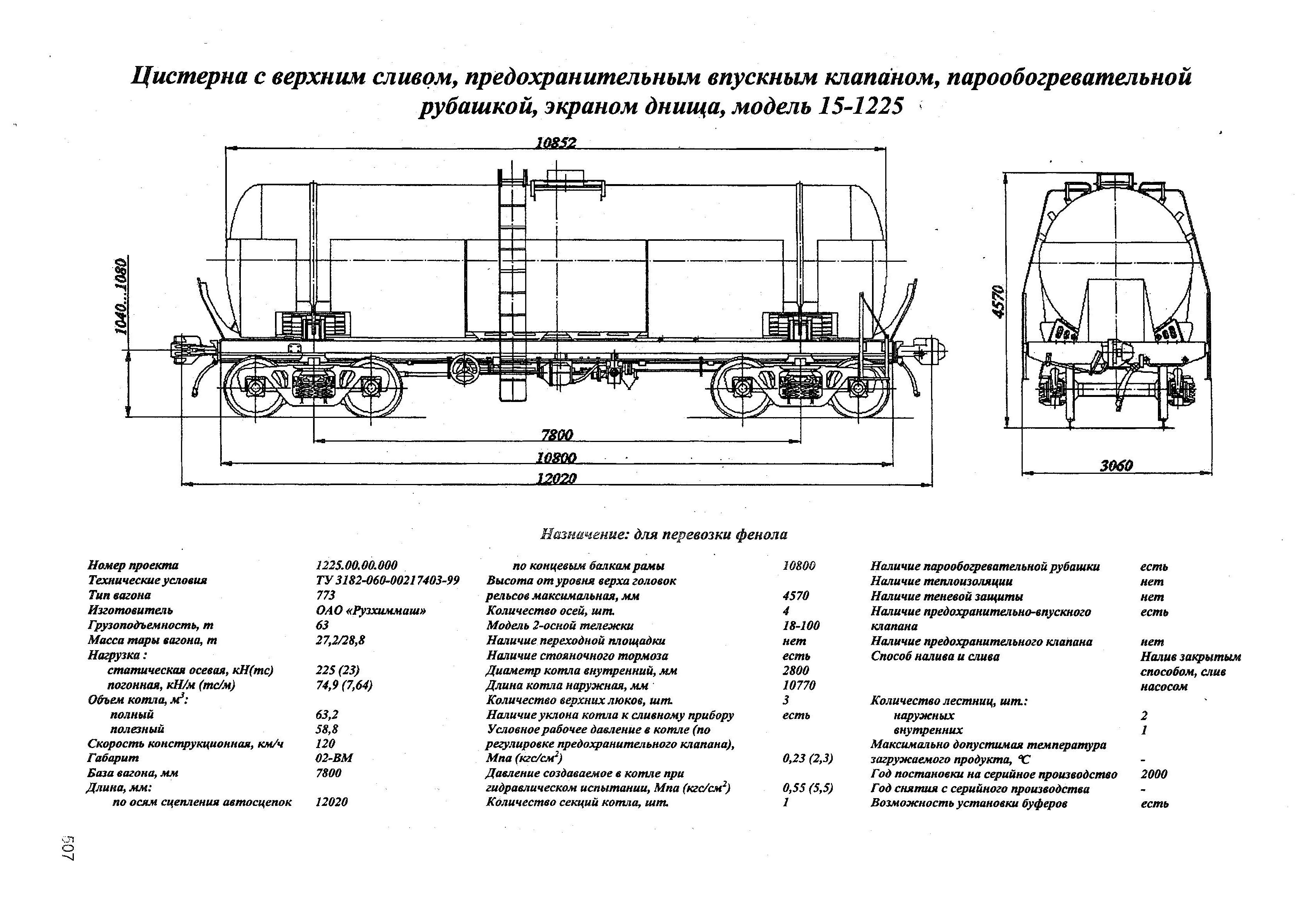 Цистерна с верхним сливом, предохранительным впускным клапаном, парообогревательной рубашкой, экраном днища, модель 15-1225