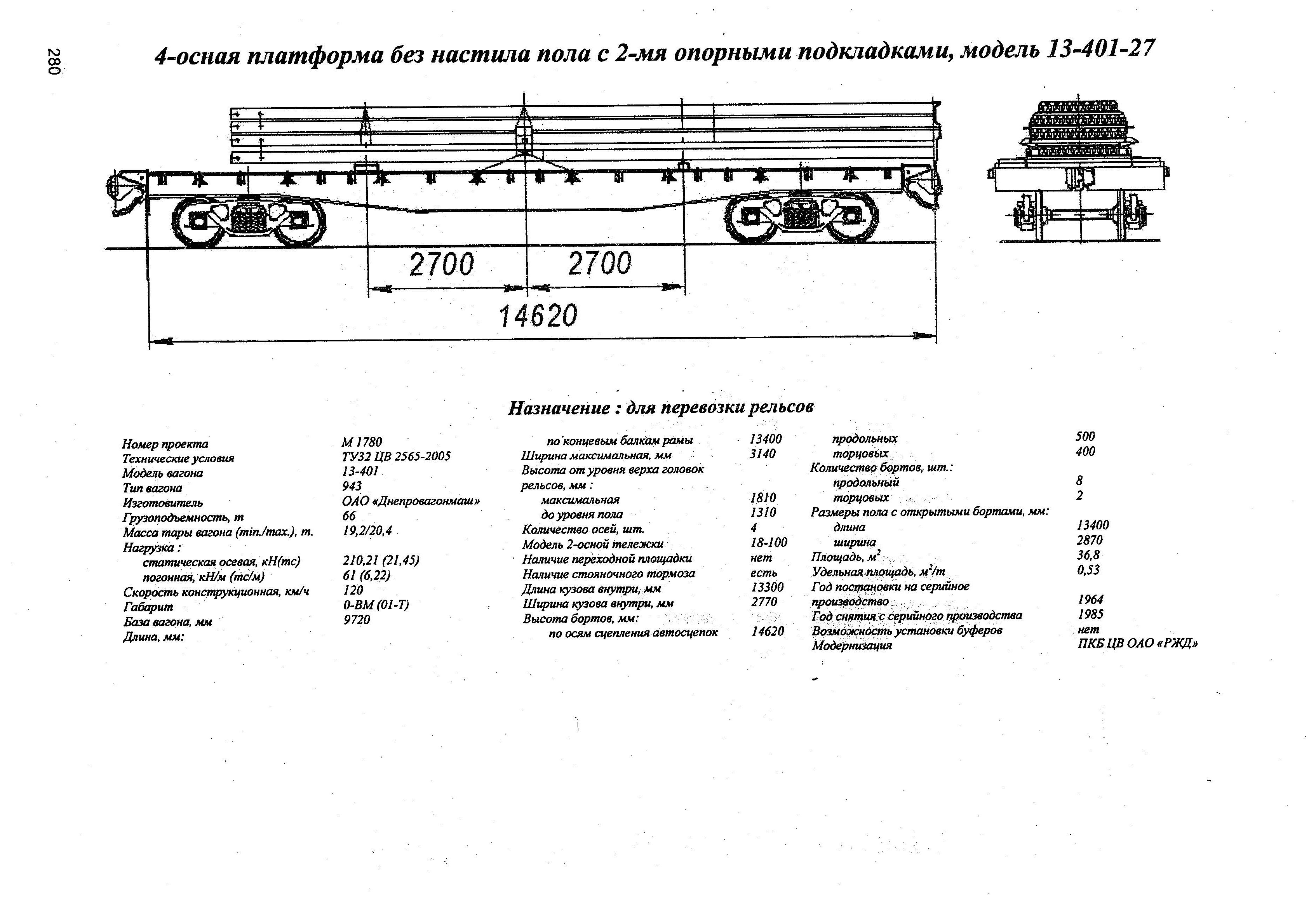 4-осная платформа без настила пола с 2-мя опорными подкладками, модель 13-401-27