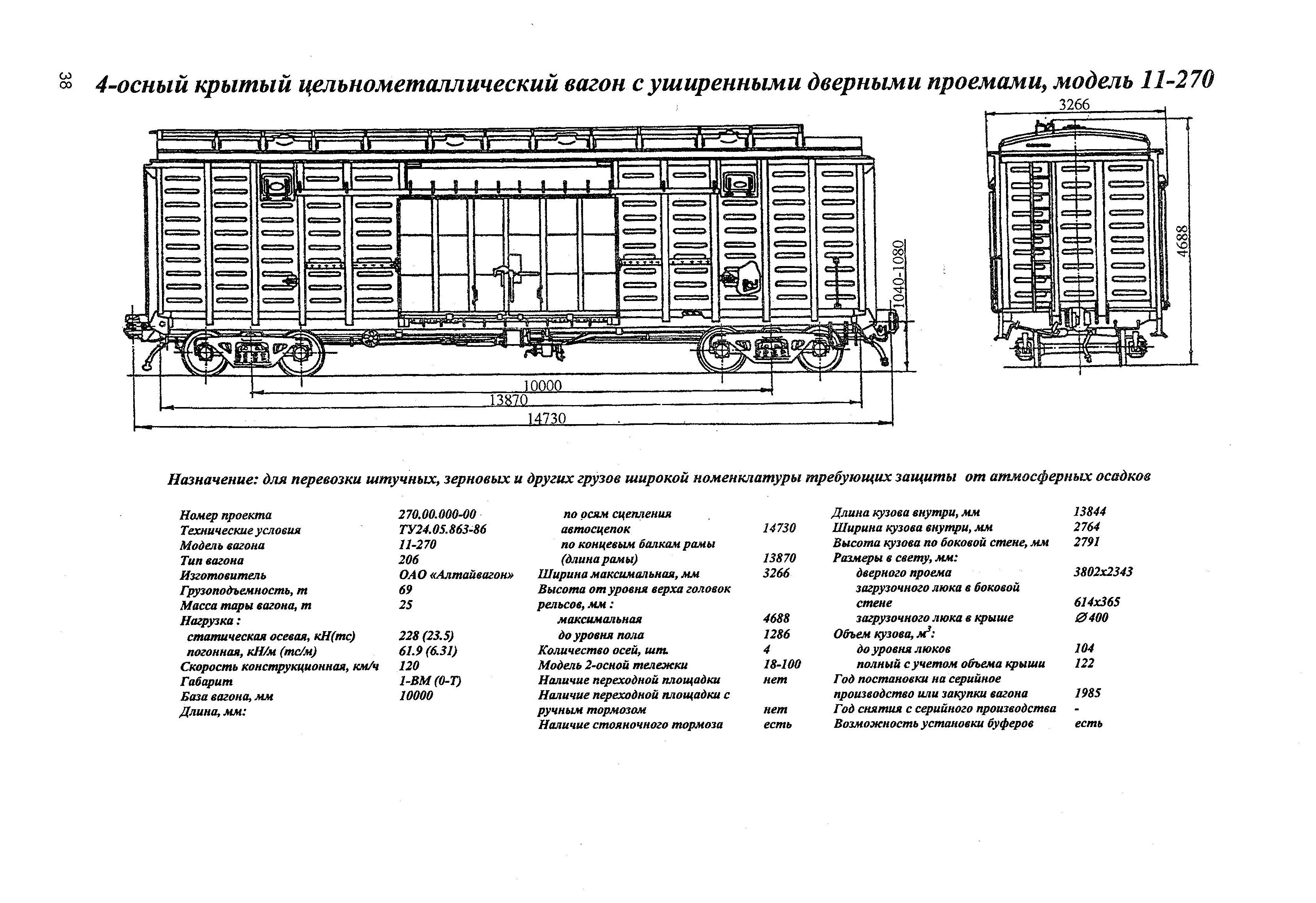 4-осный крытый цельнометаллический вагон с уширенными дверными проемами, модель 11-270