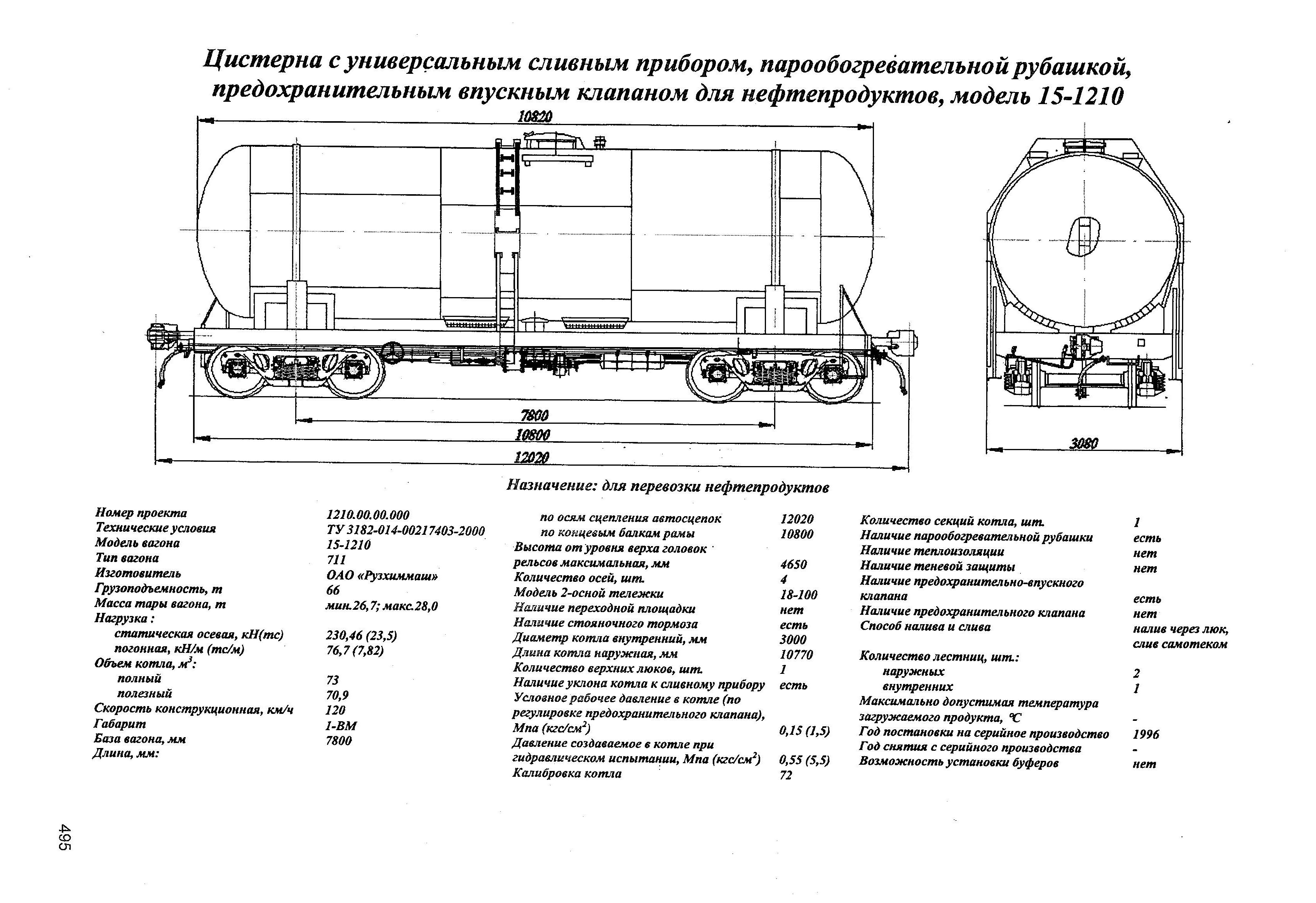 Цистерна с универсальным сливным прибором, парообогревательной рубашкой, предохранительным впускным клапаном для нефтепродуктов, модель 15-1210