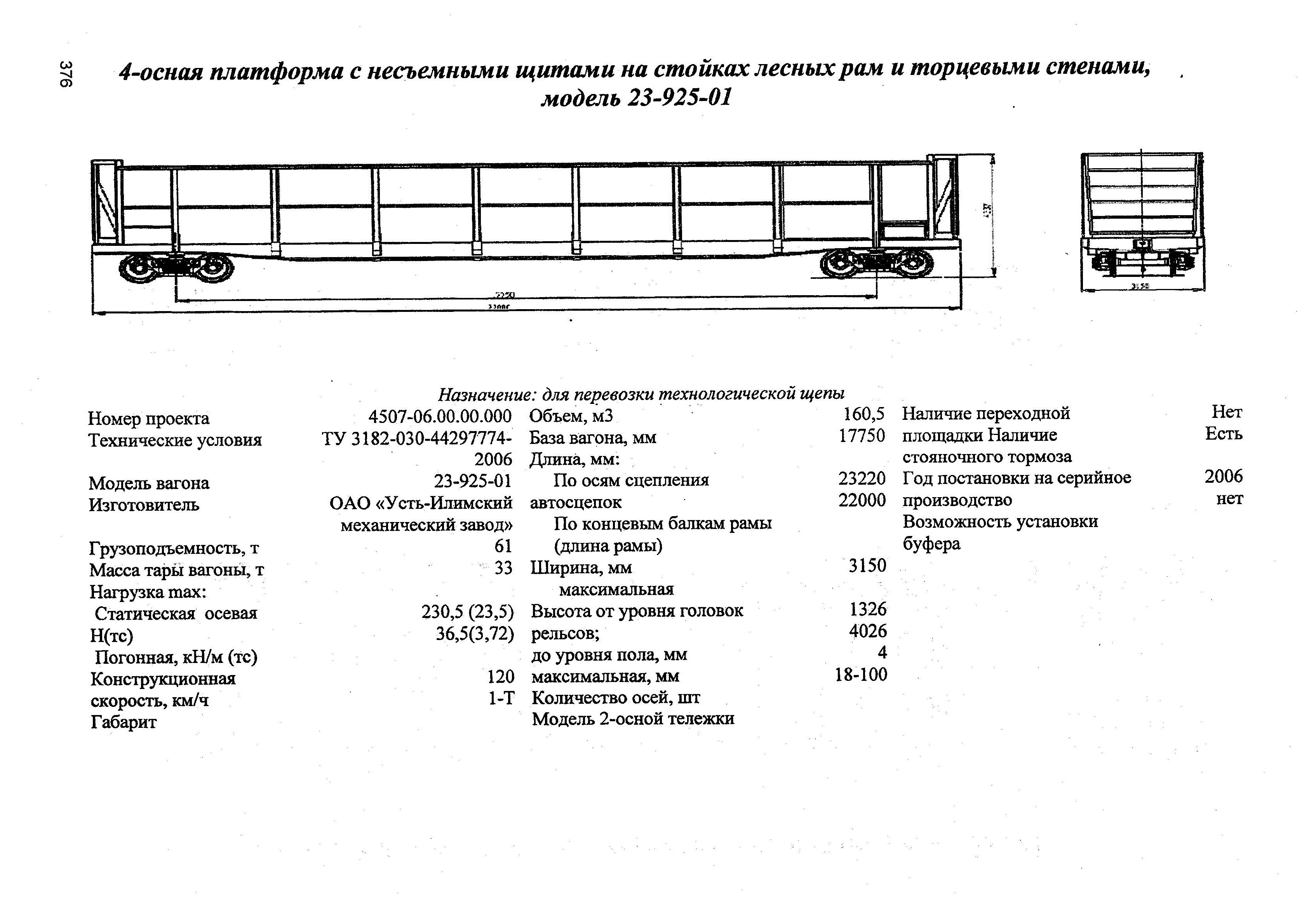 4-осная платформа с несъемными щитами на стойках лесных рам и торцевыми стенами, модель 23-925-01