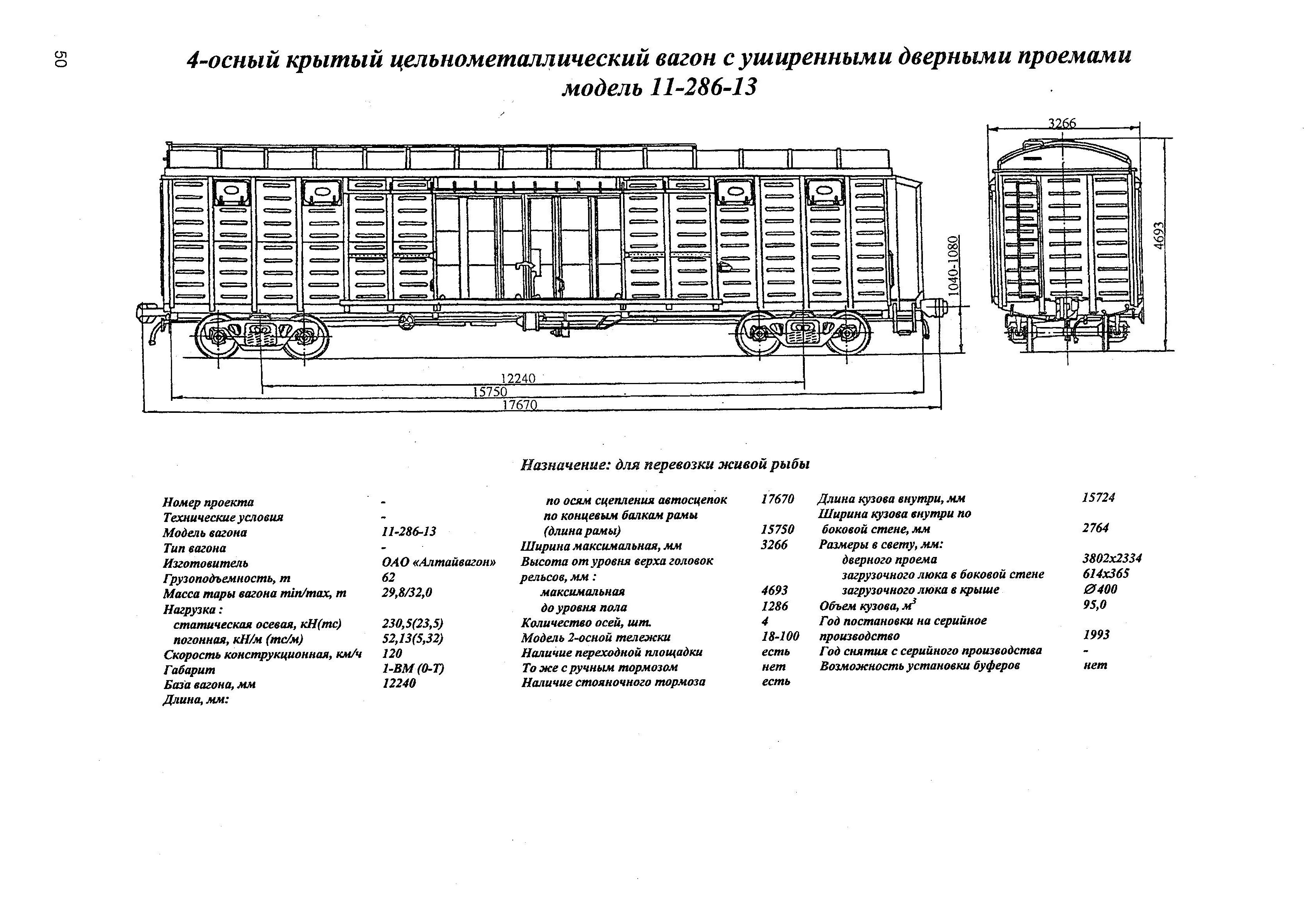 4-осный крытый цельнометаллический вагон с уширенными дверными проемами модель 11-286-13