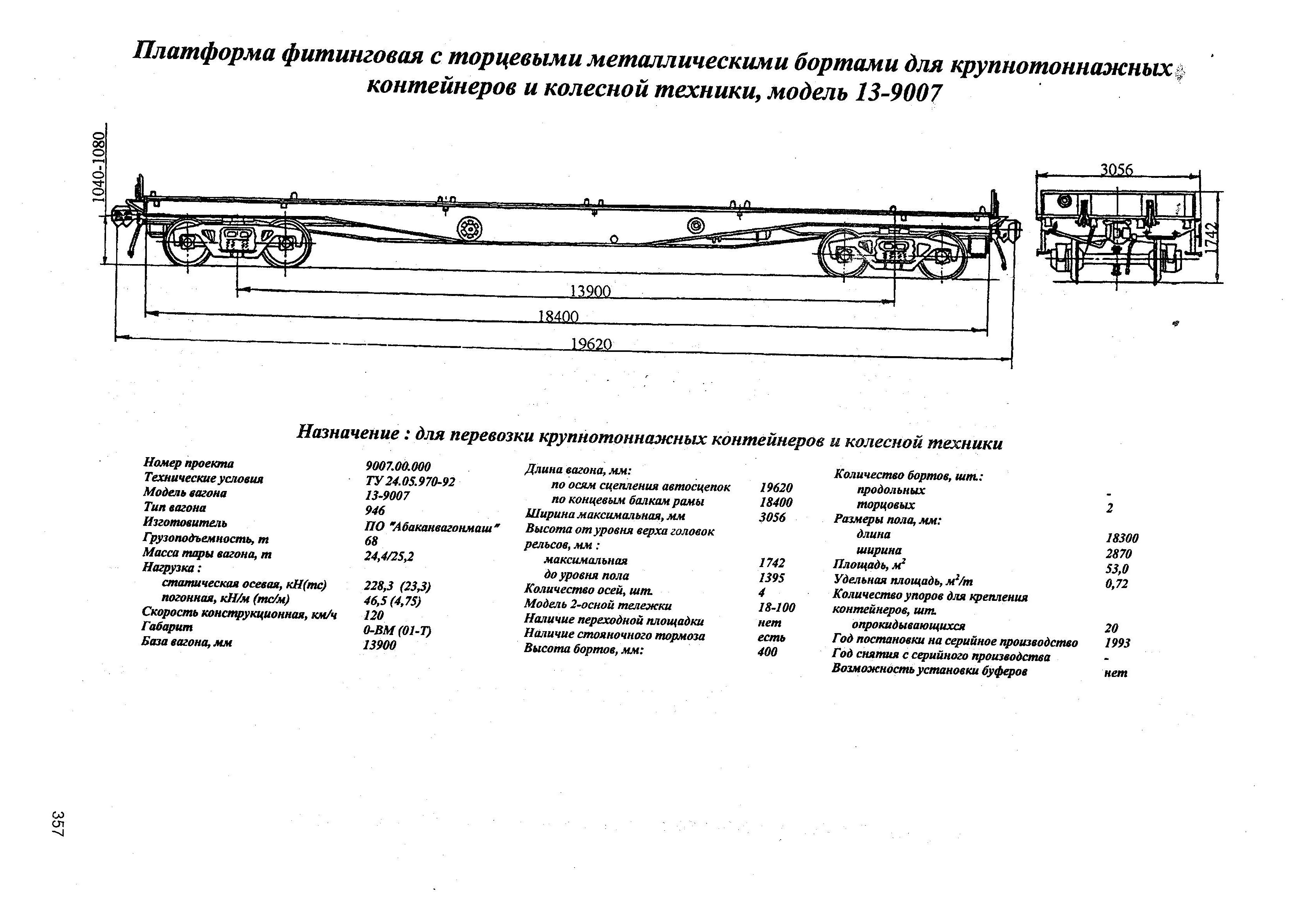Платформа фитинговая с торцевыми металлическими бортами для крупнотоннажных контейнеров и колесной техники, модель 13-9007