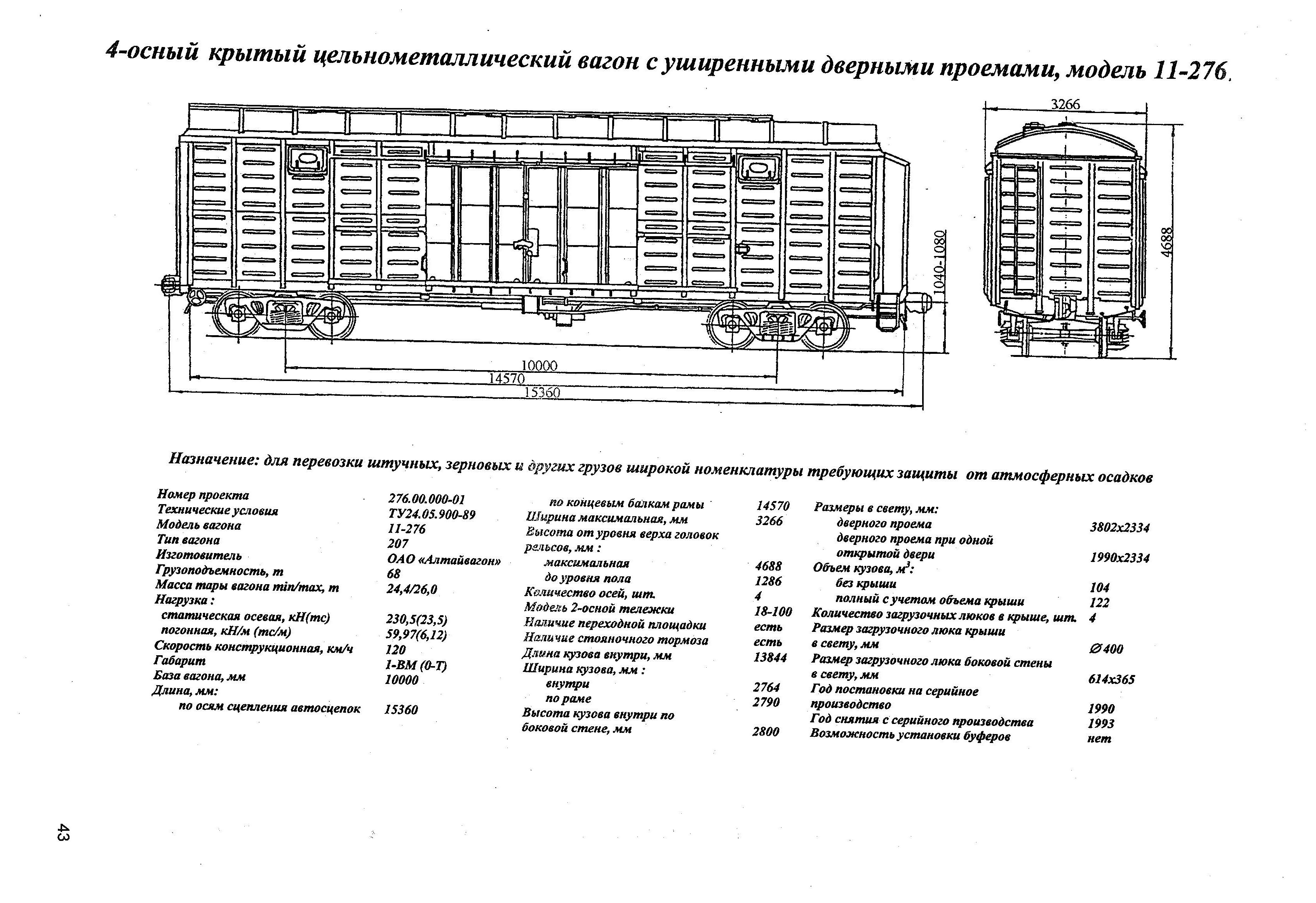 4-осный крытый цельнометаллический вагон с уширенными дверными проемами, модель 11-276.