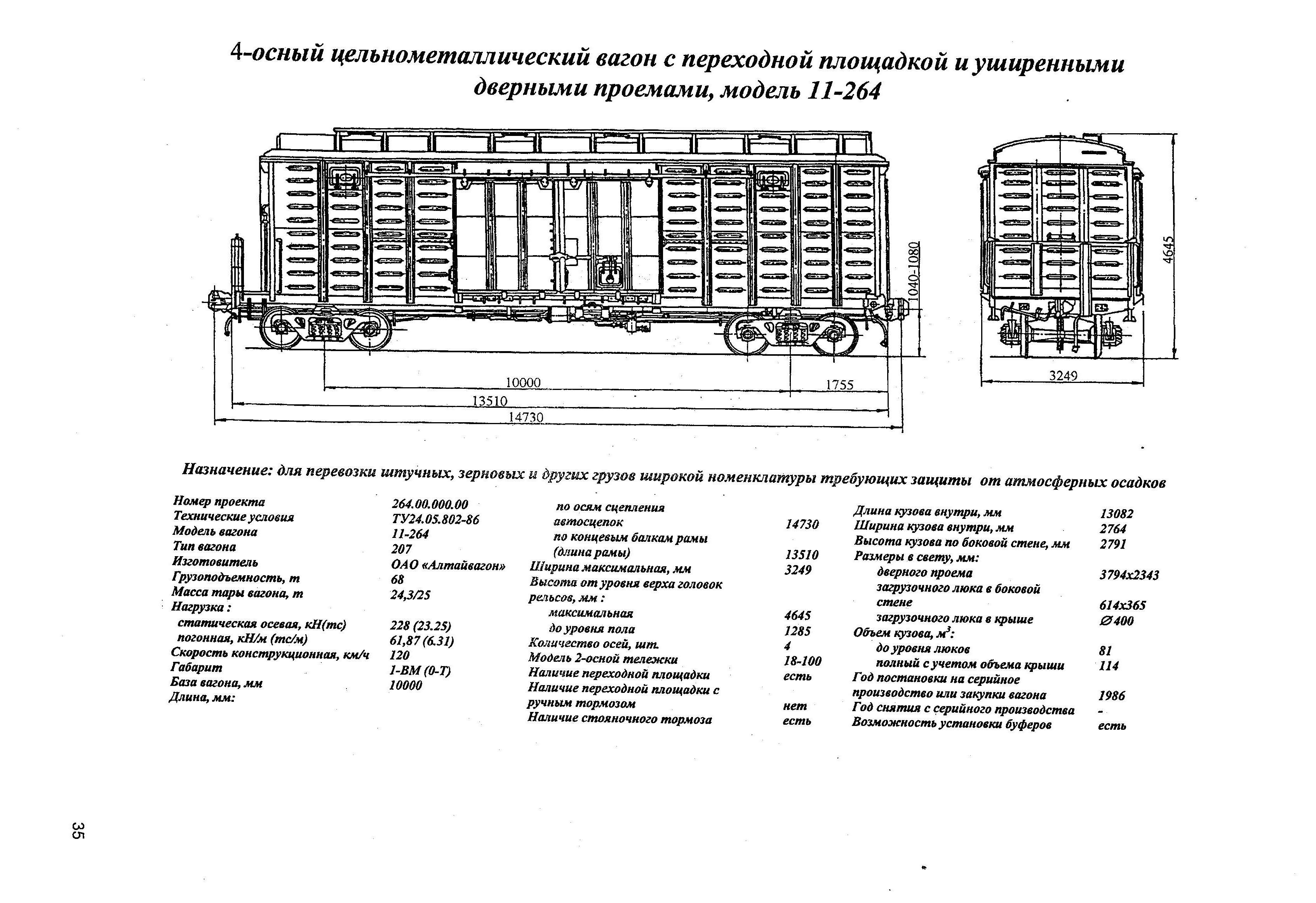 4-осный цельнометаллический вагон с переходной площадкой и уширенными дверными проемами, модель 11-264