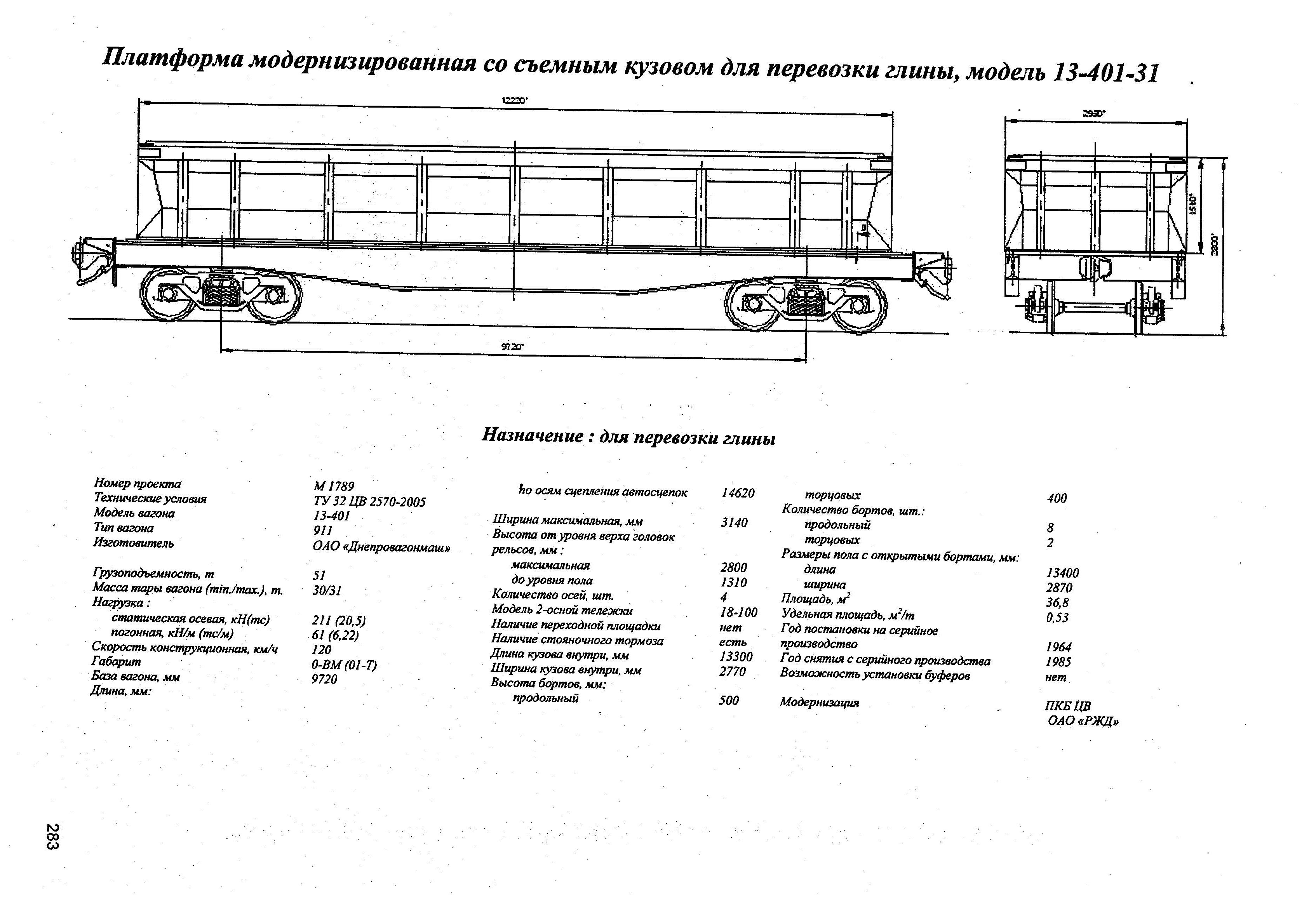 Платформа модернизированная со съемным кузовом для перевозки глины, модель 13-401-31
