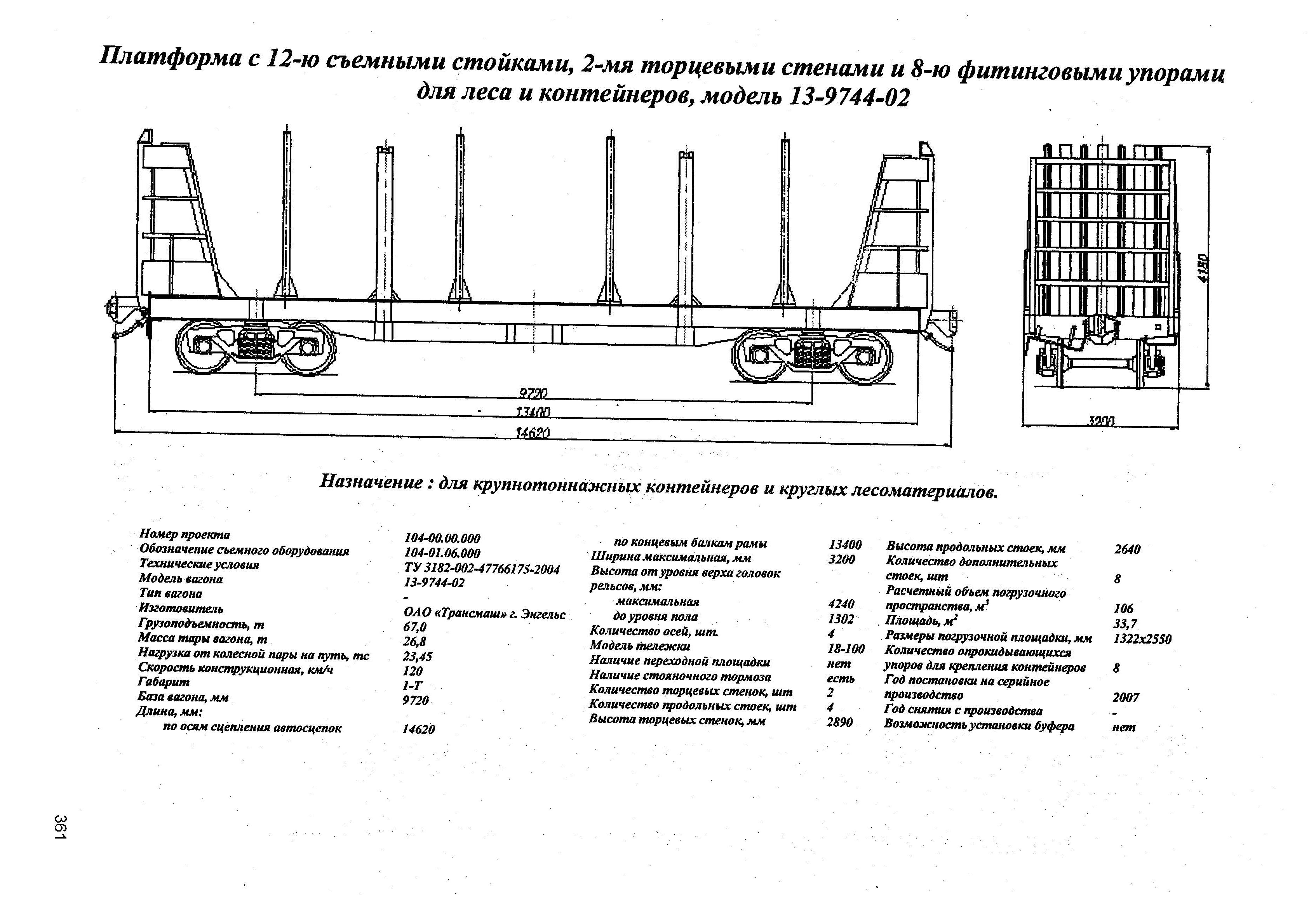 Платформа с 12-ю съемными стойками, 2-мя торцевыми стенами и 8-ю фитинговыми упорами для леса и контейнеров, модель 13-9744-02
