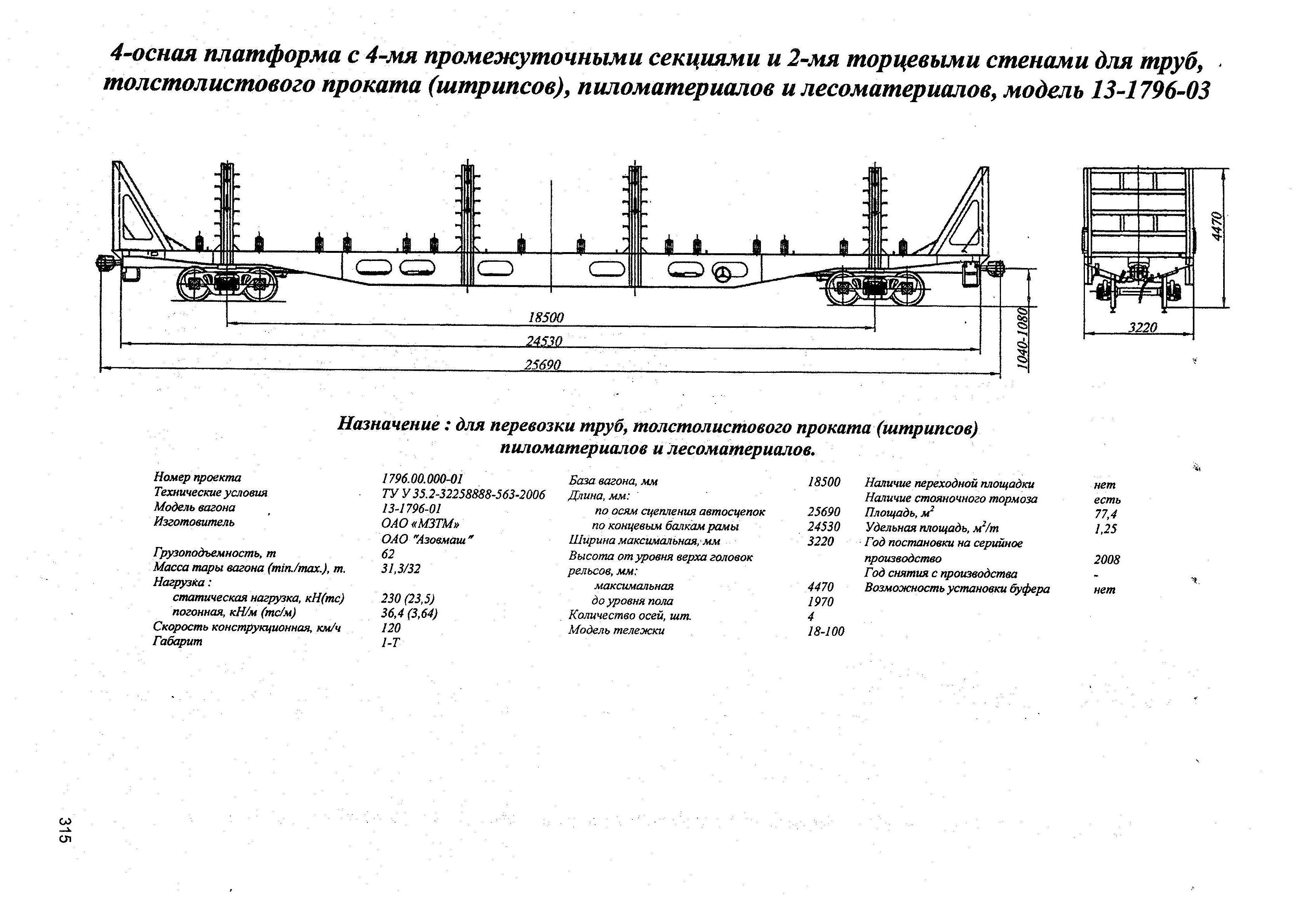 4-осная платформа с 4-мя промежуточными секциями и 2-мя торцевыми стенами для труб, толстолистового проката (штрипсов), пиломатериалов и лесоматериалов, модель 13-1796-03