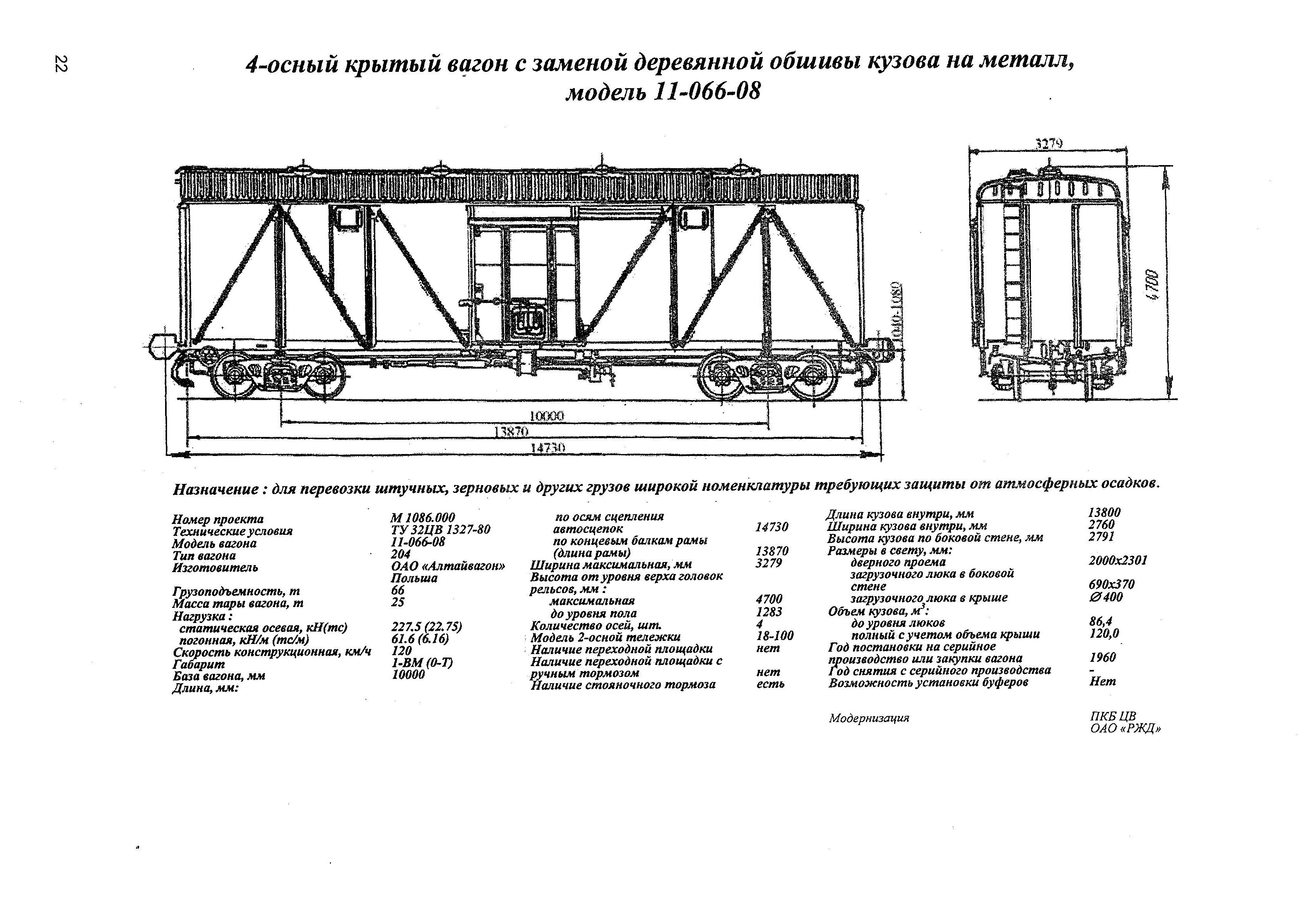 4-осный крытый вагон с заменой деревянной обшивы кузова на металл, модель 11-066-08