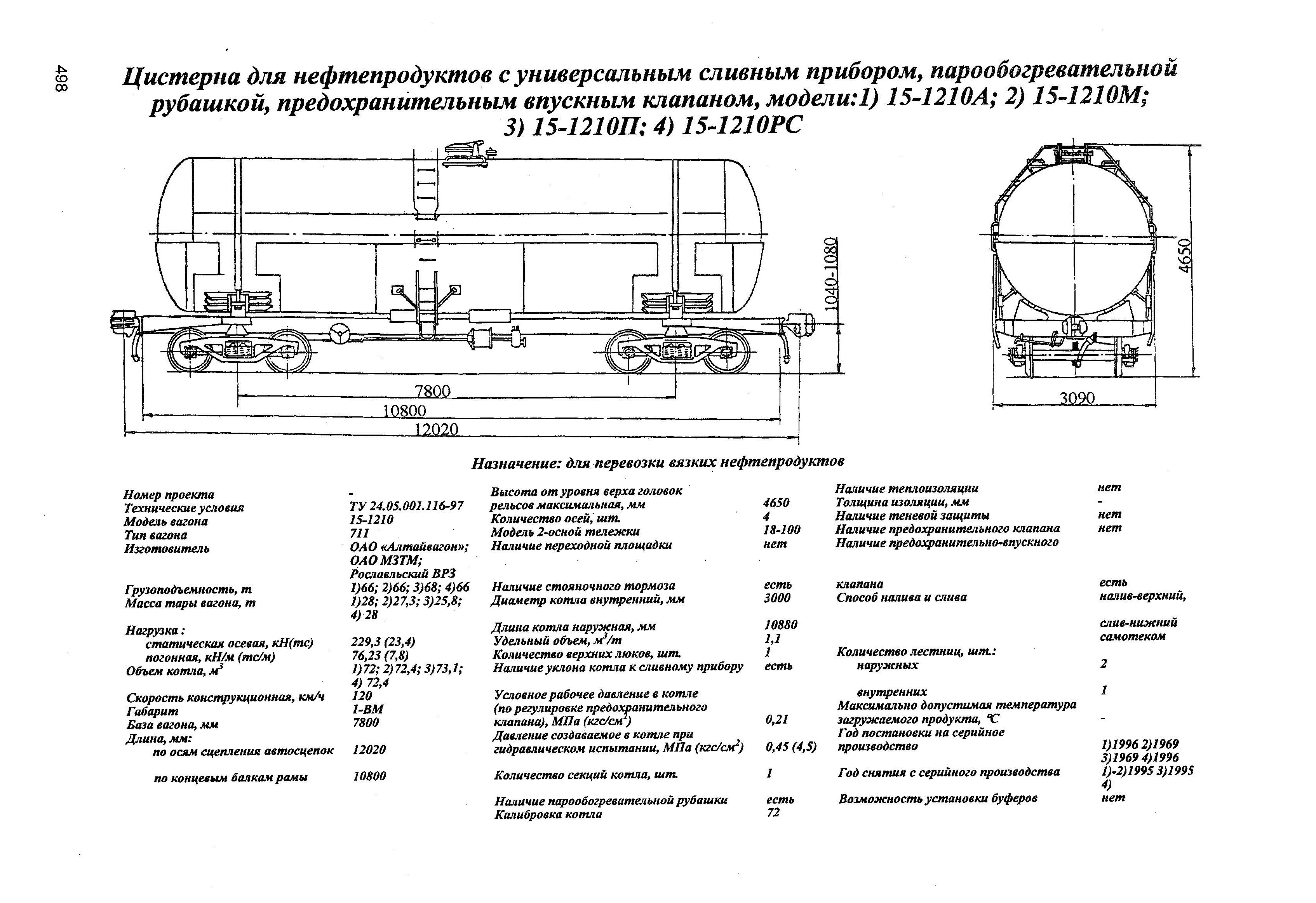 Цистерна для нефтепродуктов с универсальным сливным прибором, парообогревательной рубашкой, предохранительным впускным клапаном, модели: 1) 15-1210A; 2) 15-1210М; 3) 15-1210П; 4) 15-1210РС