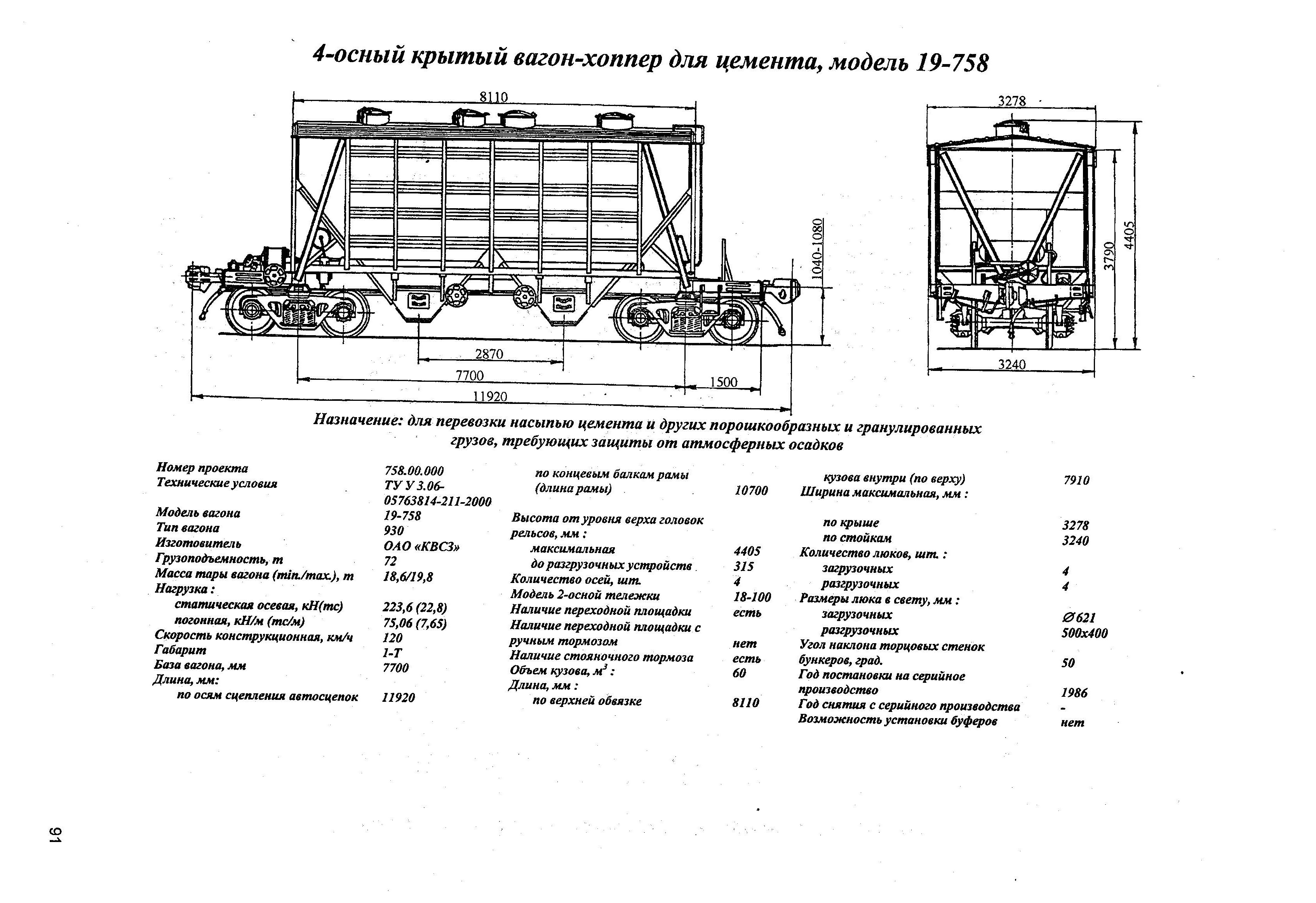 4-осный крытый вагон-хоппер для цемента, модель 19-758
