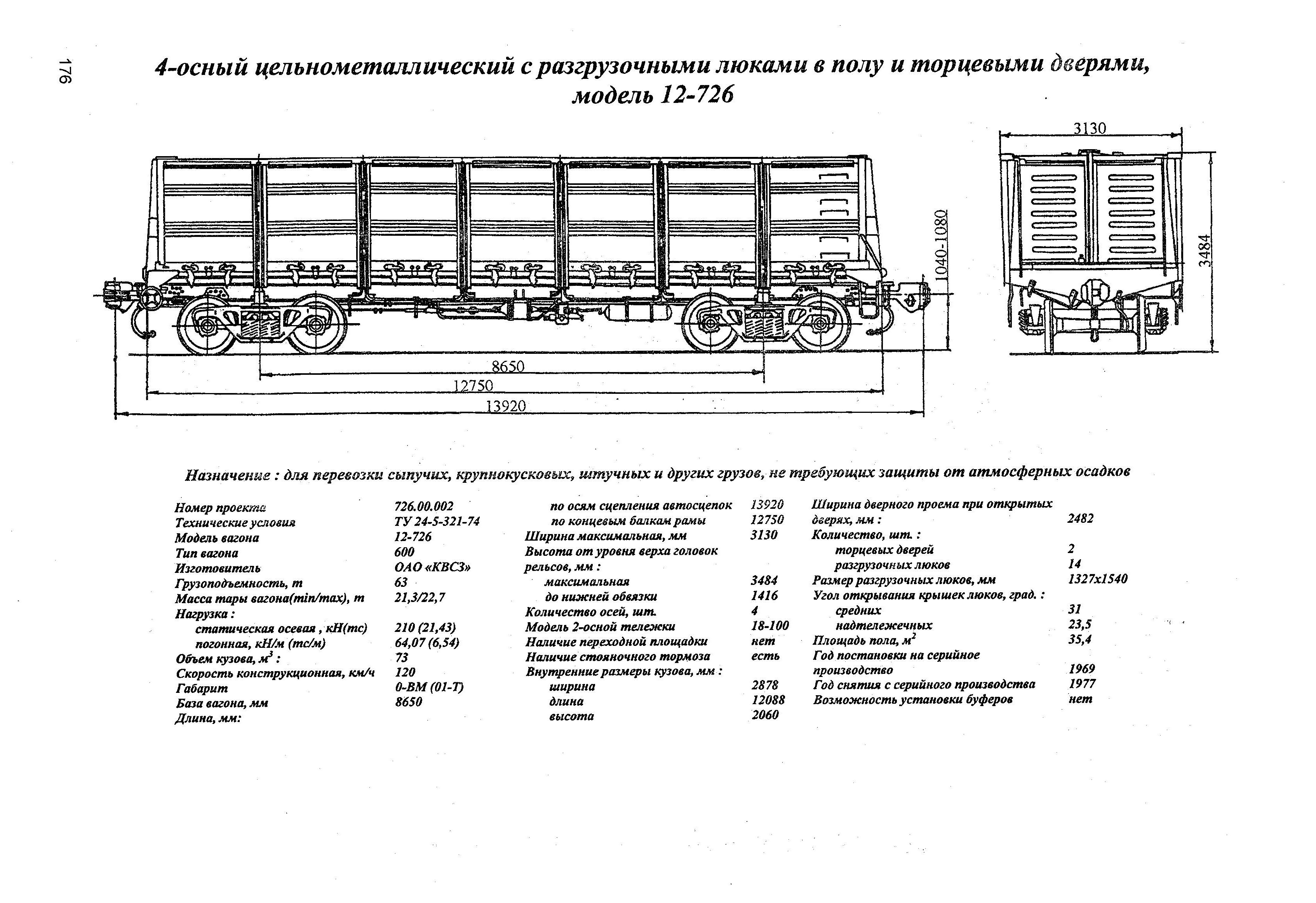 4-осный цельнометаллический с разгрузочными люками в полу и торцевыми дверями, модель 12-726