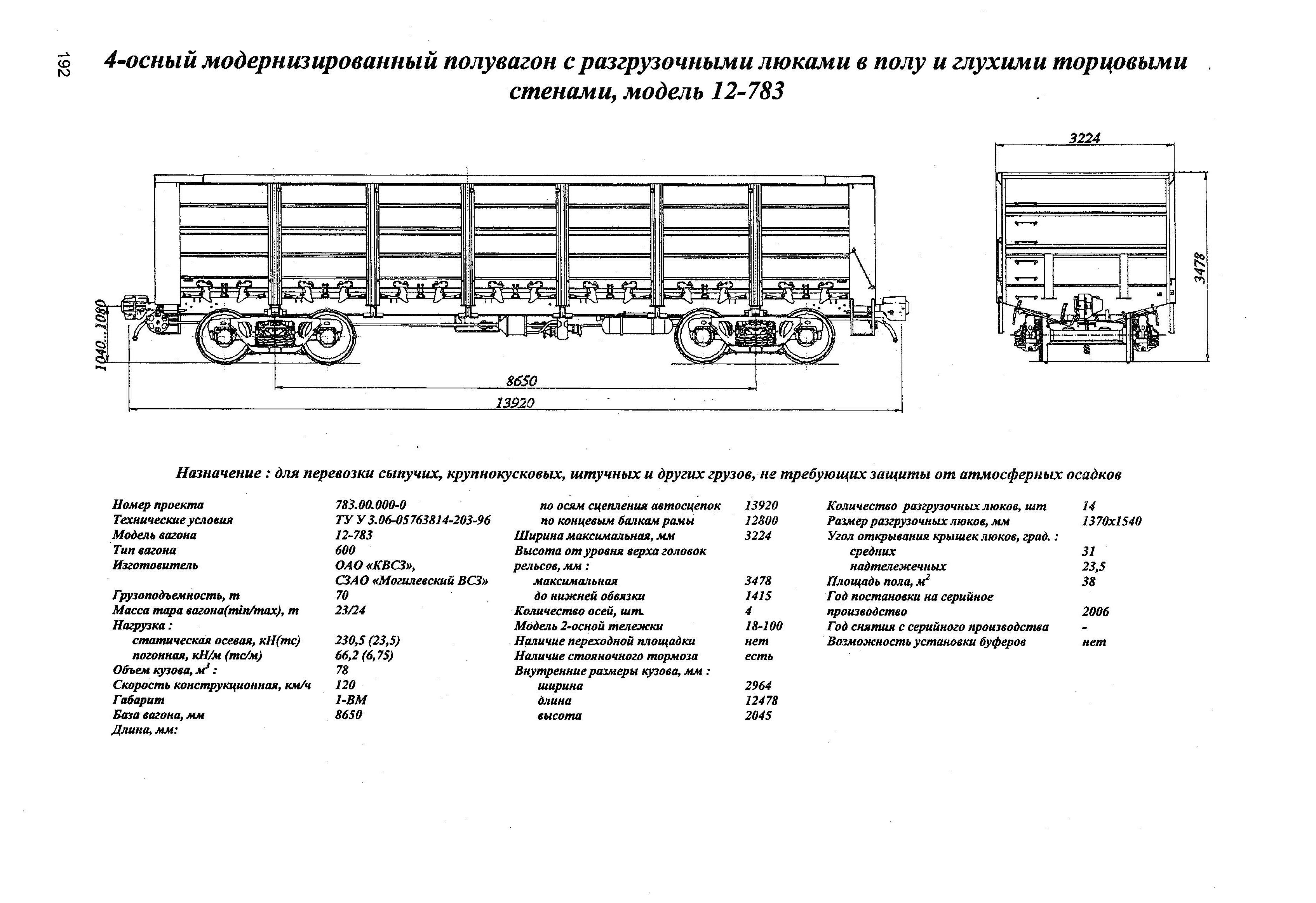 4-осный модернизированный полувагон с разгрузочными люками в полу и глухими торцовыми стенами, модель 12-783