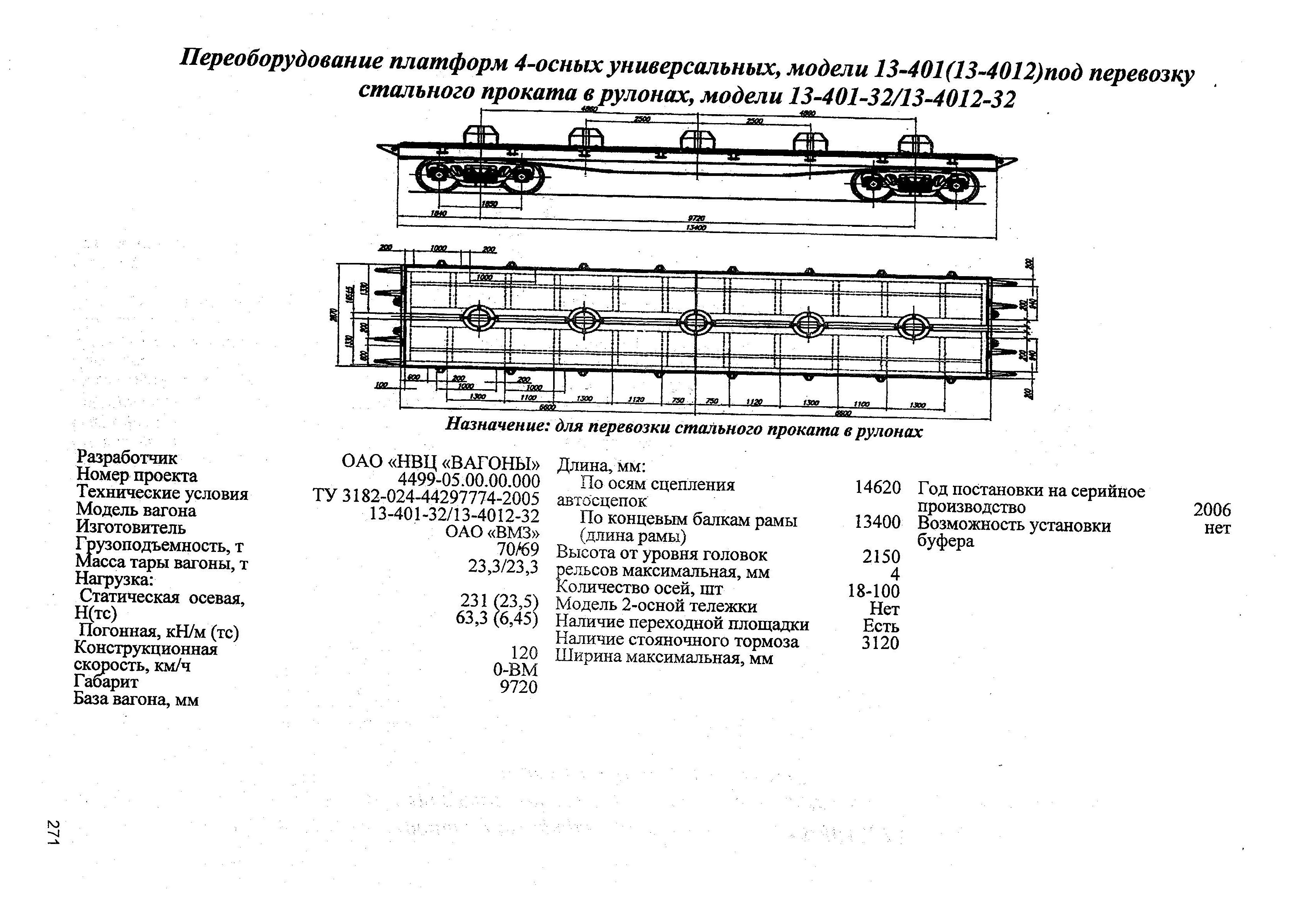Переоборудование платформ 4-осных универсальных, модели 13-401(13-4012)под перевозку стального проката в рулонах, модели 13-401-32/13-4012-32